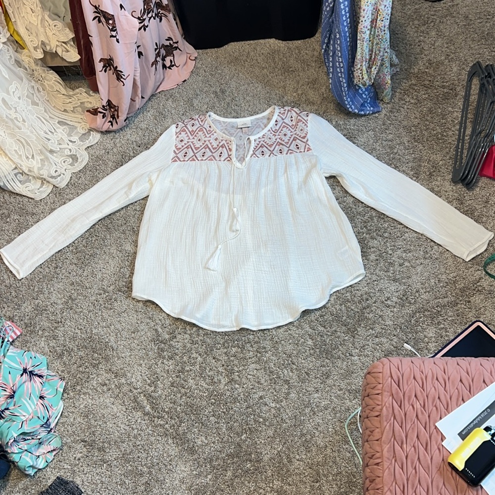 NWOT Knox Rose White Gauze Blouse With Embroidery Size Large